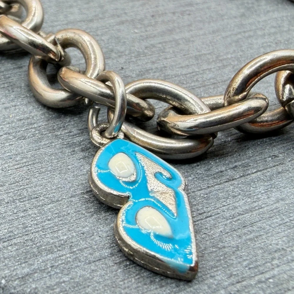 Silver Tone Chunky Chain Enamel Shoe Flower Wine Glass Charm Bracelet 7 Inch